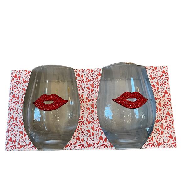 Valentines Jeweled Rhinestone Red Lips Stemless Wine Glasses Set of 2 New - Picture 4 of 15